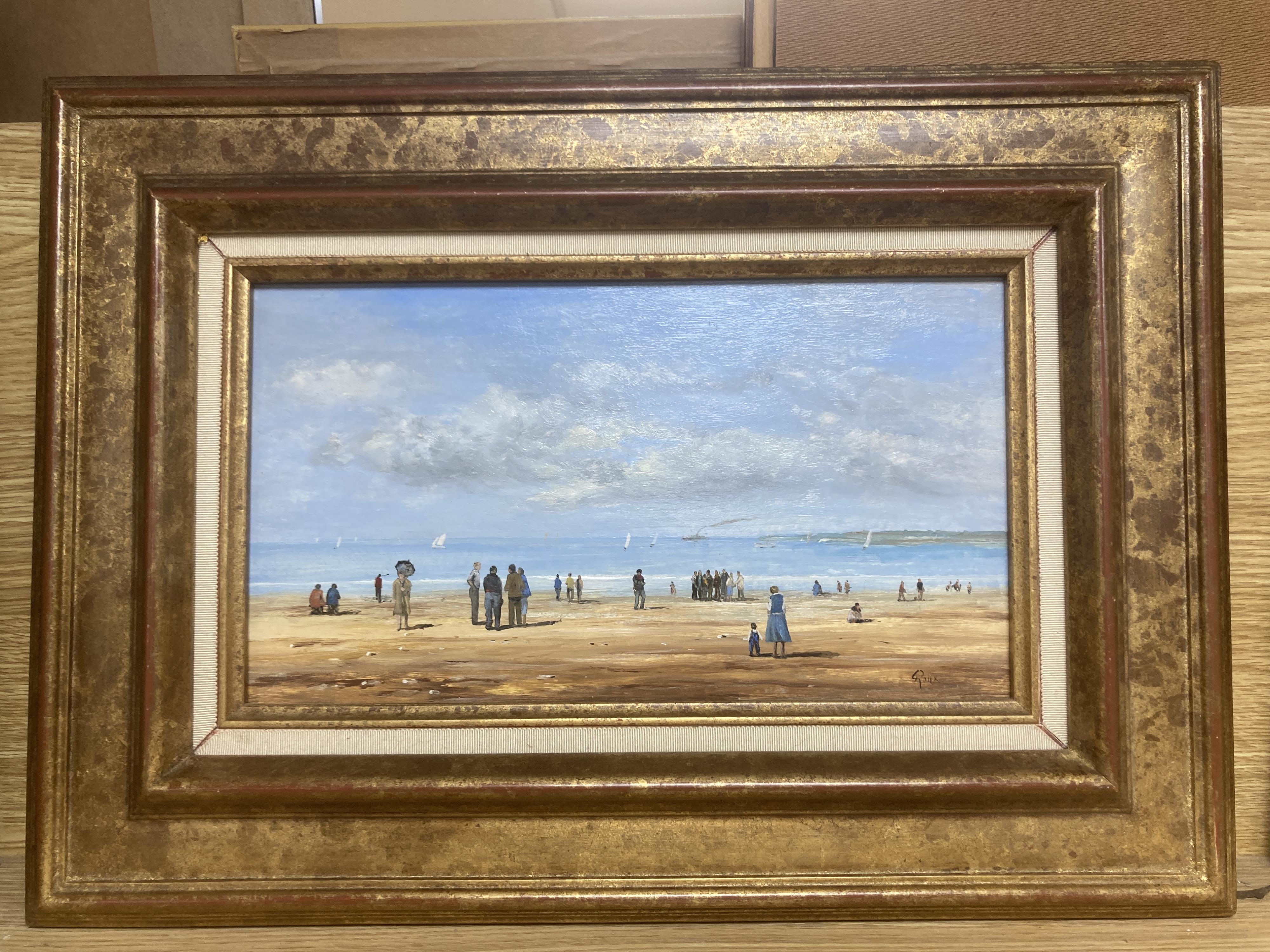 Gerard Roux (1946-), oil on canvas, Promenade à Mareé Basse, signed, 19 x 33cm